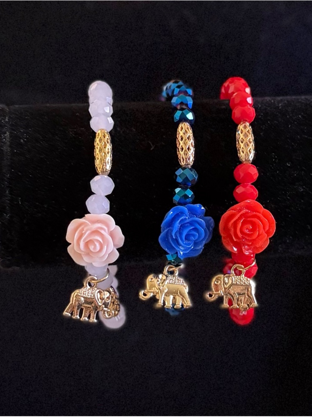 Floral Elephant Charm Beaded Bracelet - Blue, Red, Pink